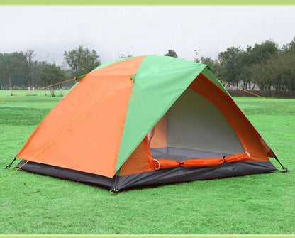 Orange-blue double camping tent with aluminium poles showing mesh windows and waterproof construction details