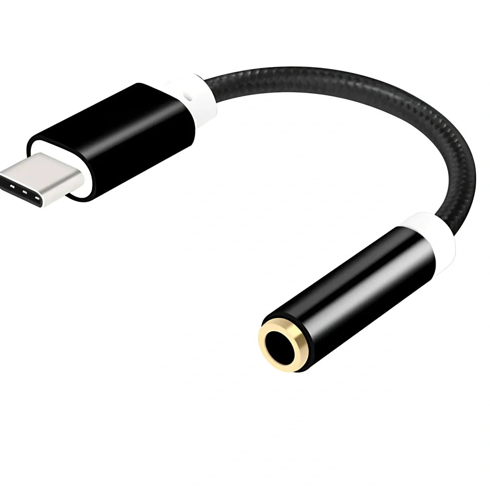 Black woven Type-C to 3.5mm audio adapter cable, 12cm length, 5g weight for mobile headphone connection