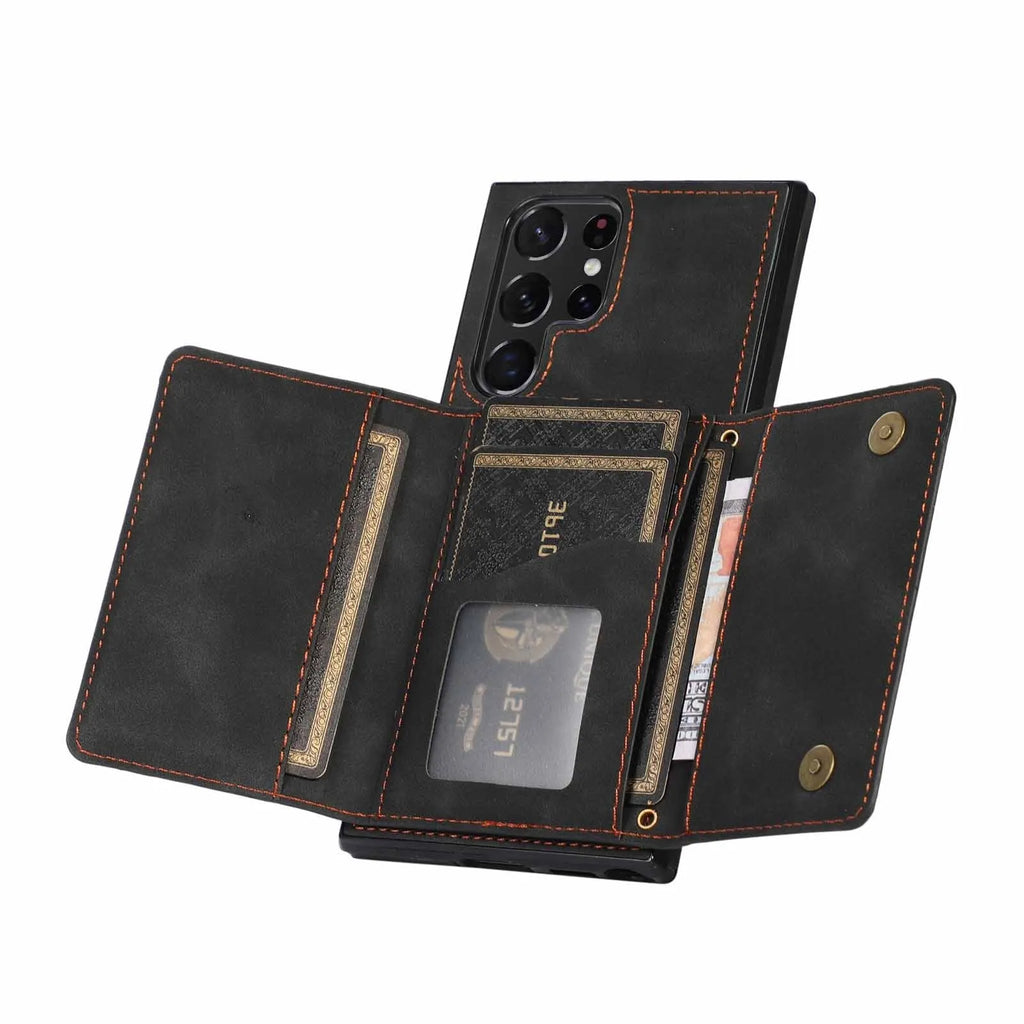 Three-fold wallet card-inserting phone case for Samsung in black, showing card slots and back cover design