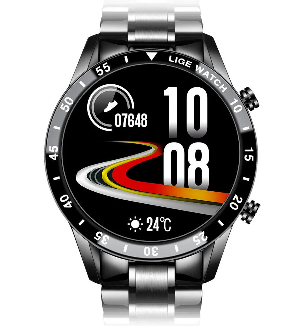Smart watch with stainless steel wristband and 1.3-inch touchscreen display showing step count