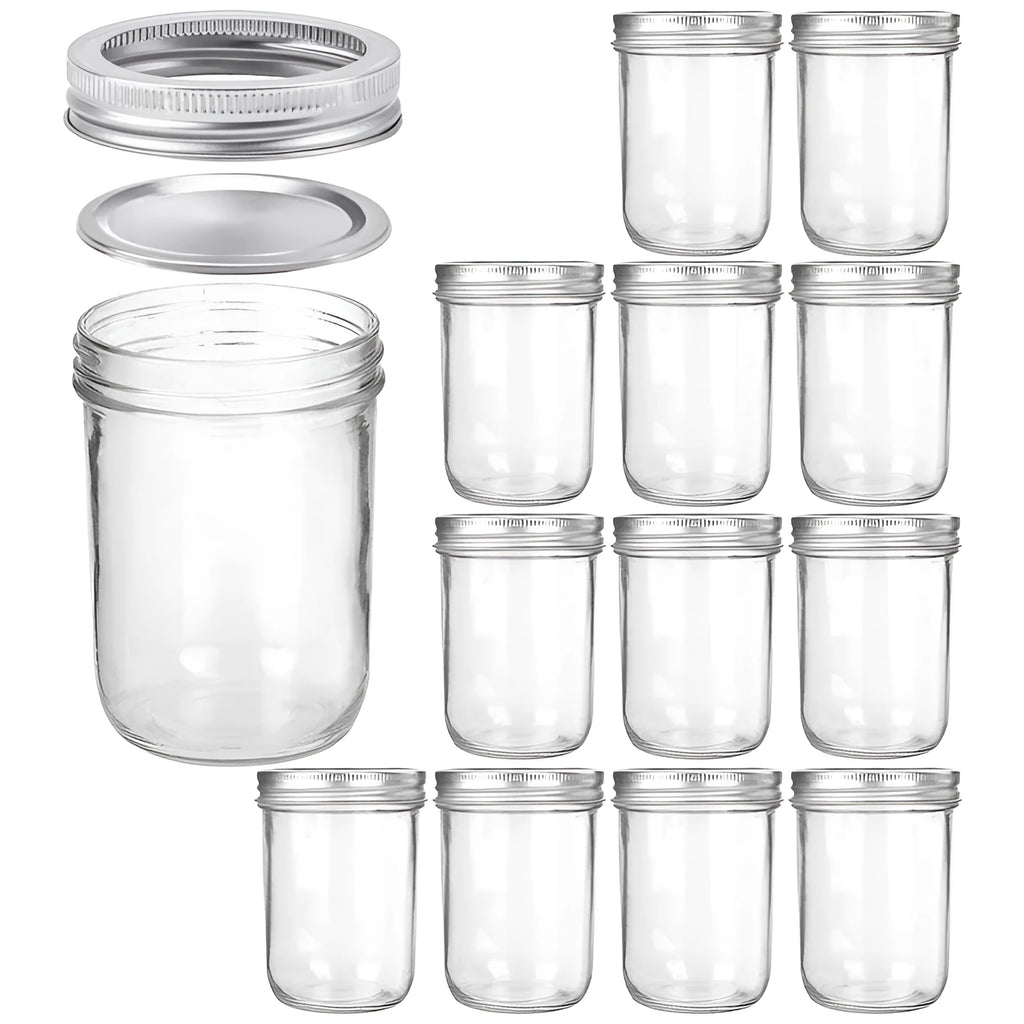 Six 16oz transparent glass jars with wide mouths and sealed lids on a shelf
