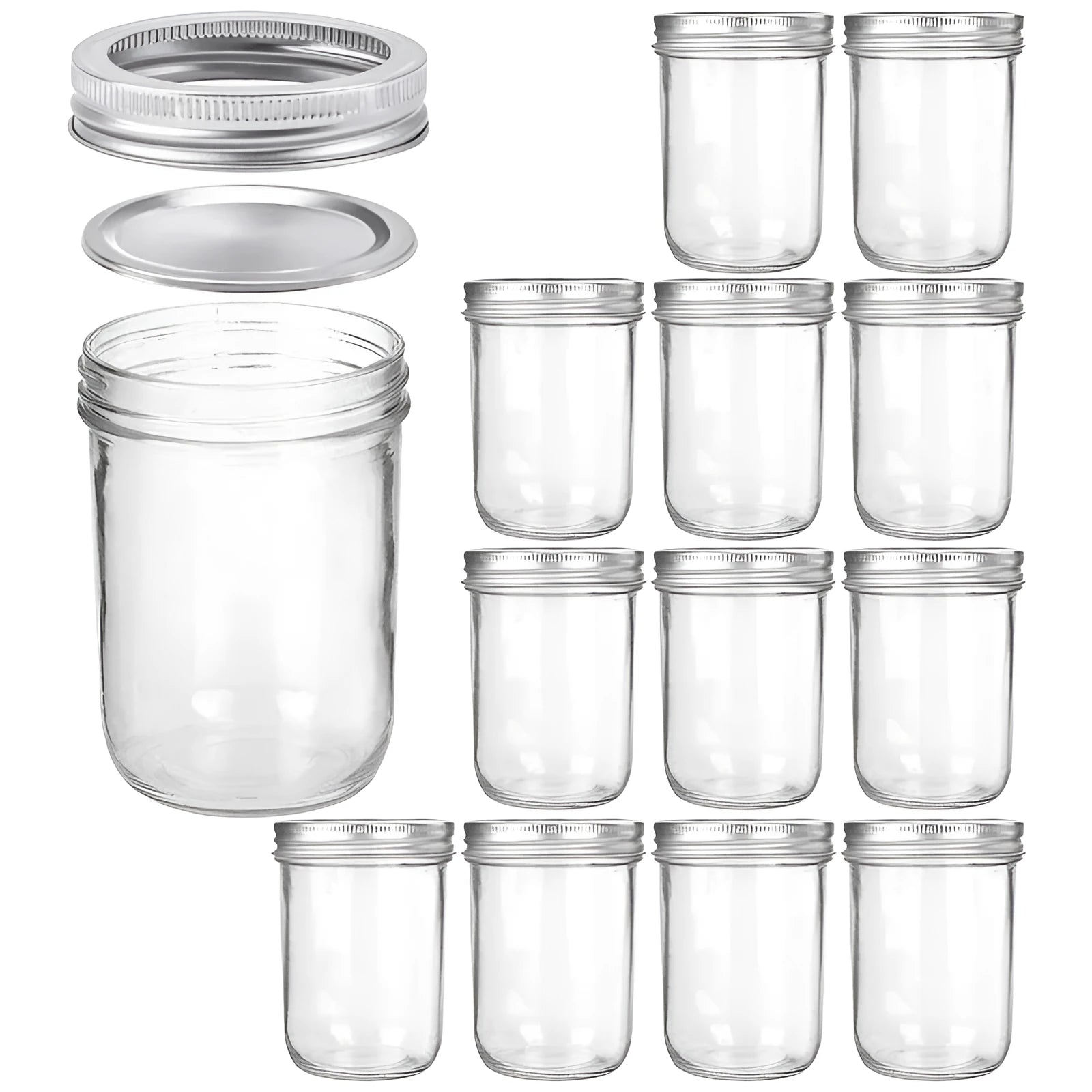 Six 16oz transparent glass jars with wide mouths and sealed lids on a shelf