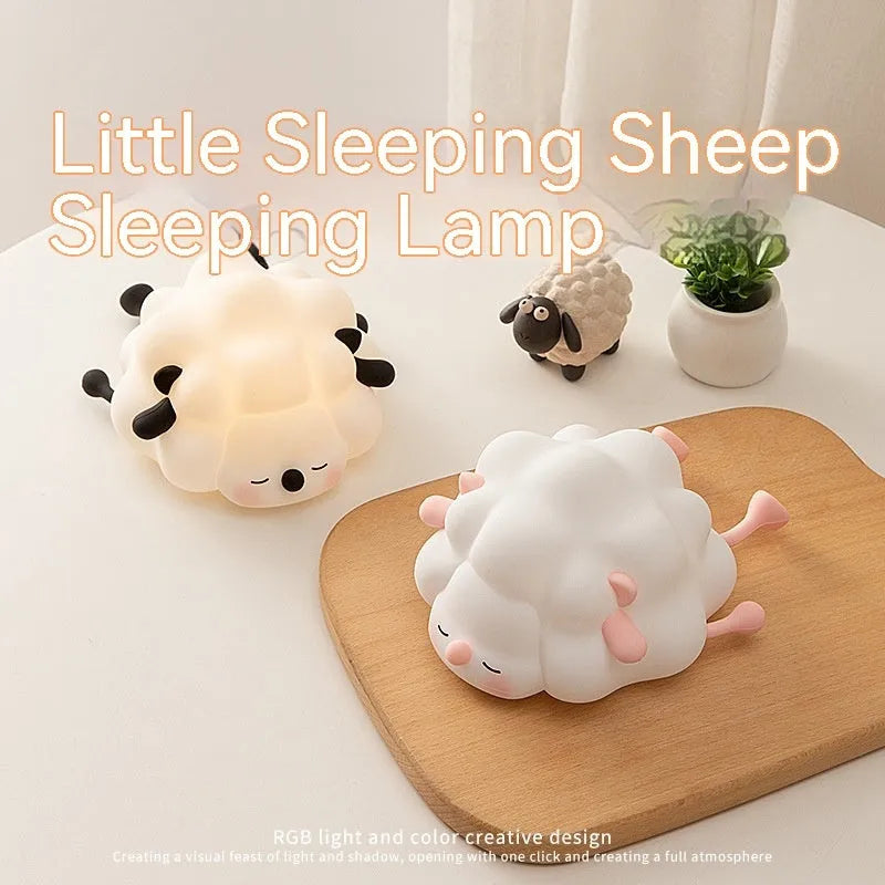 Cute silicone night light sheep cartoon bedroom lamp with warm light, rechargeable, on a bedside table