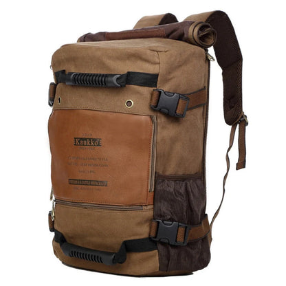 Men's canvas backpack with multiple pockets for travel and school