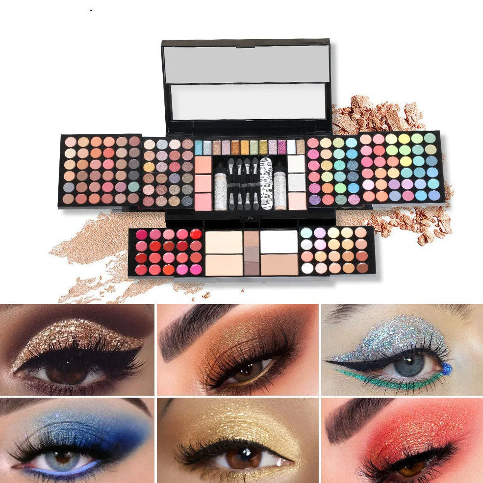 120 colour matte eyeshadow palette showing pink, purple, brown, and blue shades in organised case
