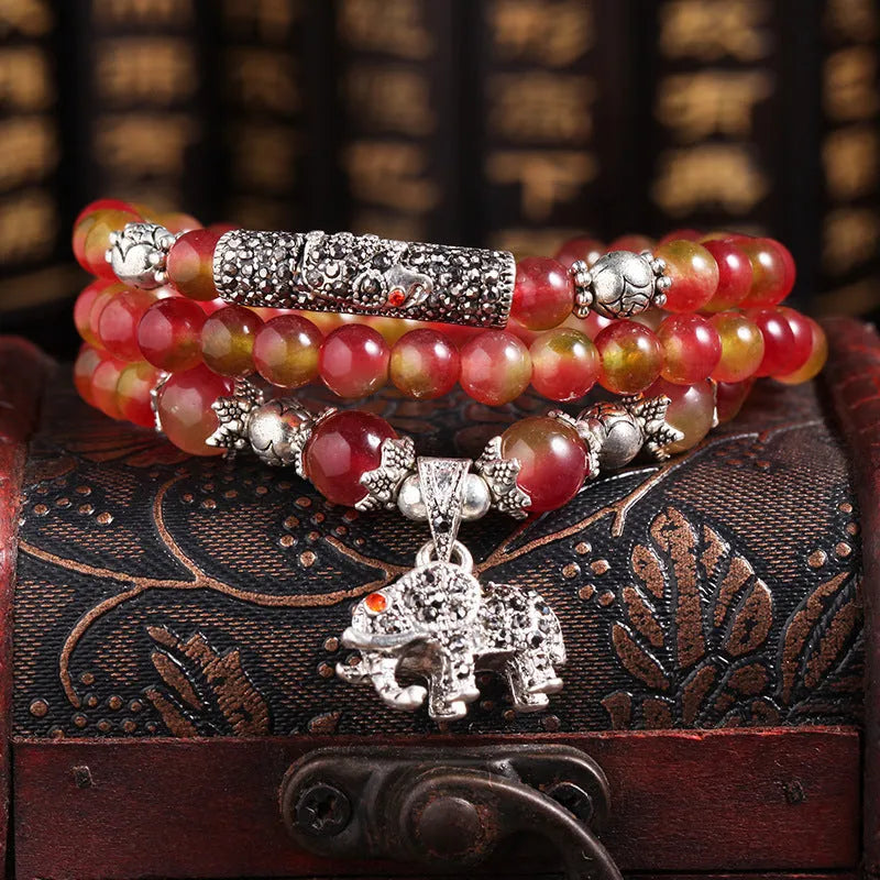 Handmade watermelon crystal bracelet with Chinese knot design and geometry beads in 6mm or 8mm sizes