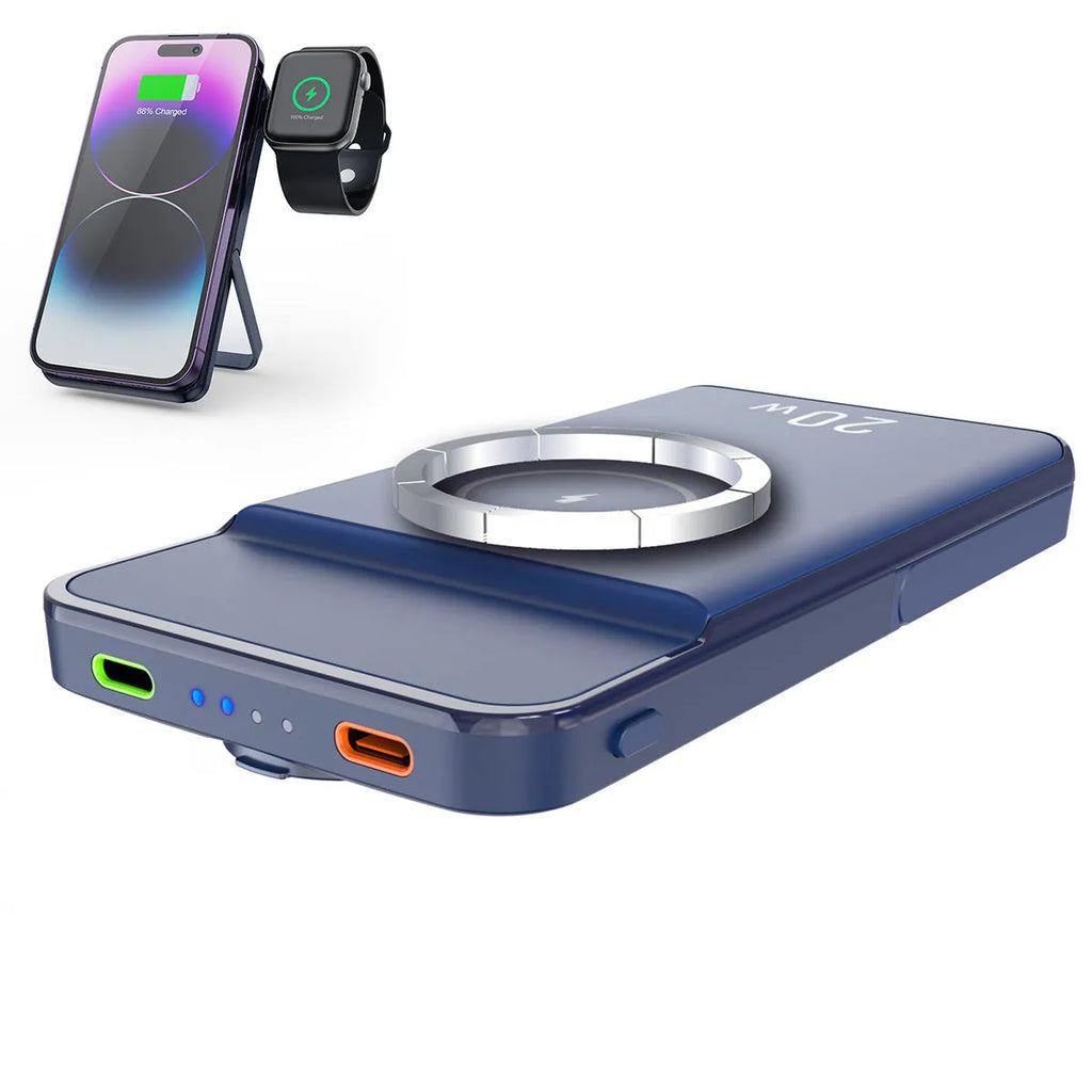 Black industrial-style magnetic wireless power bank showing three-in-one bracket design with 10000mAh capacity