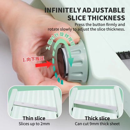 Adjustable vegetable slicer with stainless steel blade in mint green
