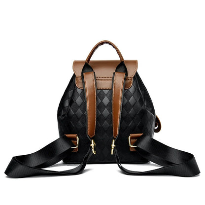 Women's leather backpack in black, black with brown, and ostrich with khaki colors