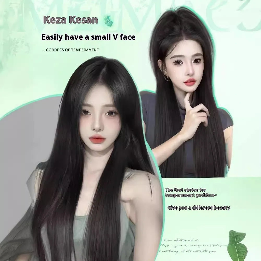 Female full-head wig with forehead lace in brown black colour showing fluffy high-temperature fibre texture