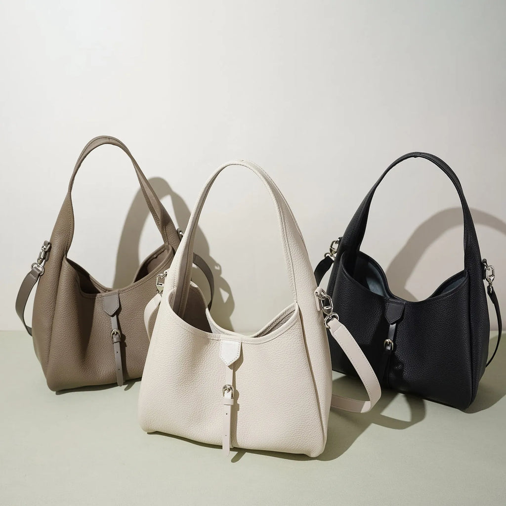 Fashion minimalist single shoulder crossbody handbag in genuine leather, bucket shape, milkshake white colour
