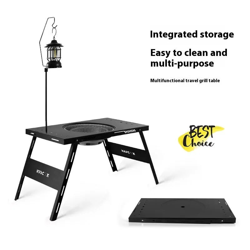 Black folding travel barbecue table with steel construction and choice of round or square cooking surface