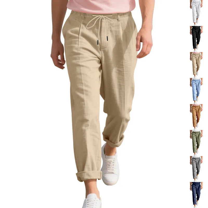 Men's linen casual trousers in straight-leg style with drawstring waist in multiple colour options