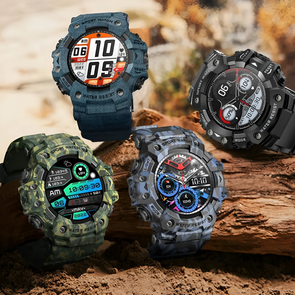 Outdoor sport smart watch with Bluetooth calling, IPS touch screen in Camouflage Blue, 57 x 59 x 20.5 mm