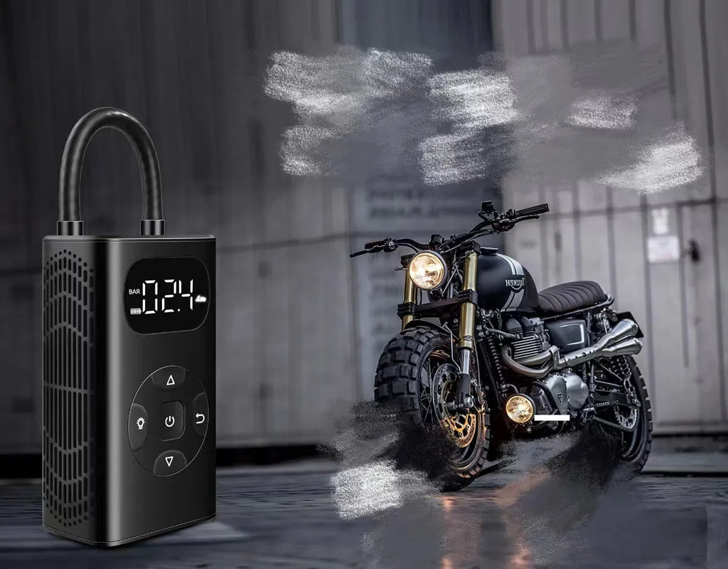 Black portable power bank and digital air compressor unit for tyre inflation, model M09X, with USB cable.