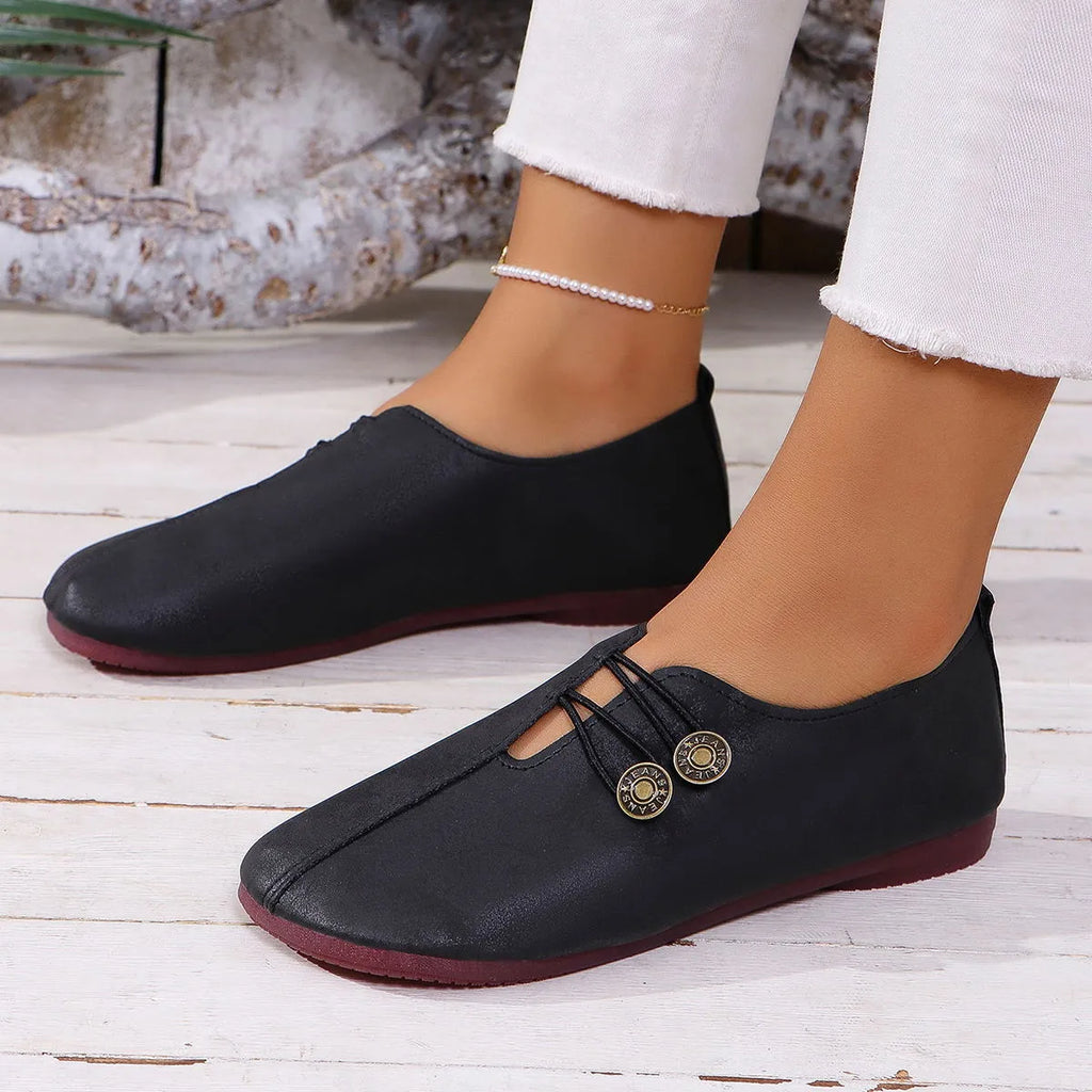 Women's square toe slip-on flat sandals in black artificial PU with rubber sole