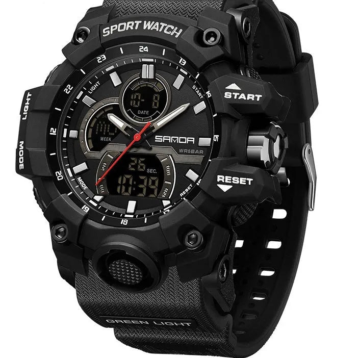 Dried Shrimp sports waterproof electronic watch in black with ABS case and TPU strap