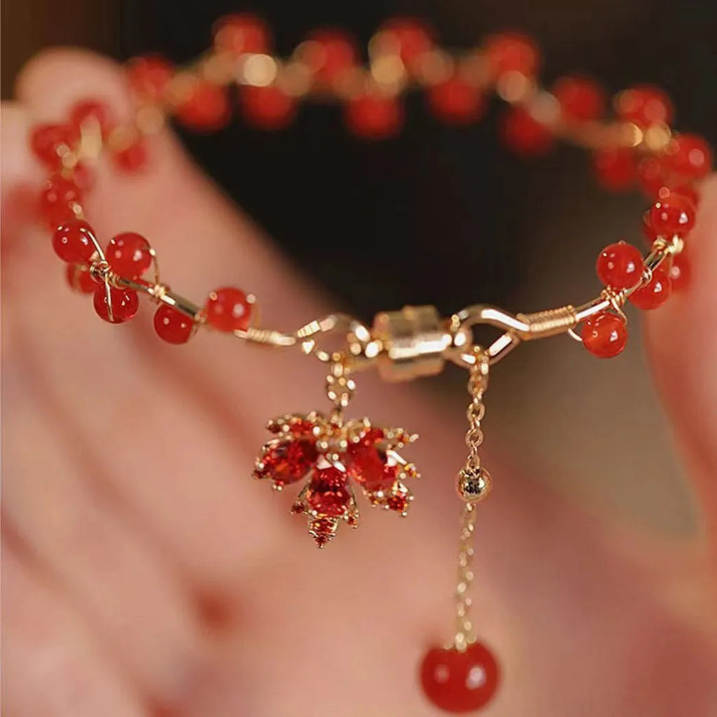 Red ginkgo leaf Chinese style magnetic bracelet with alloy electroplating