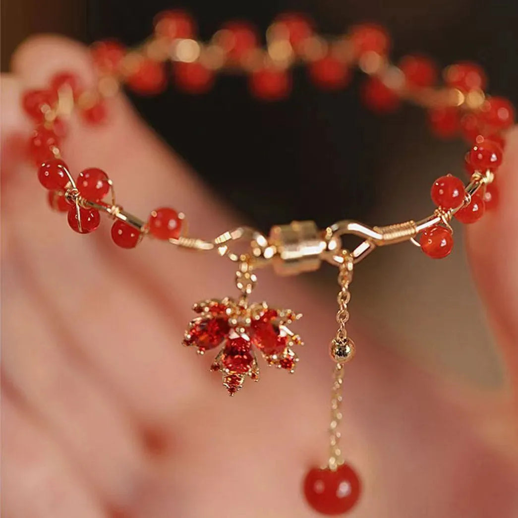Red ginkgo leaf Chinese style magnetic bracelet with alloy electroplating