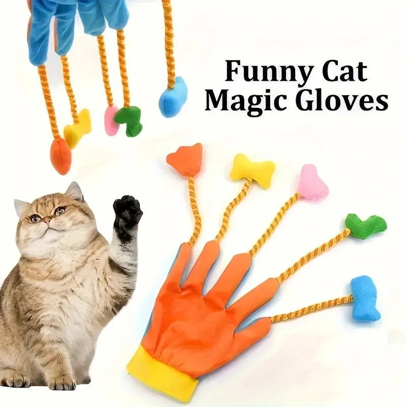 Yellow and blue plush cat play glove with bell measuring 40x11cm