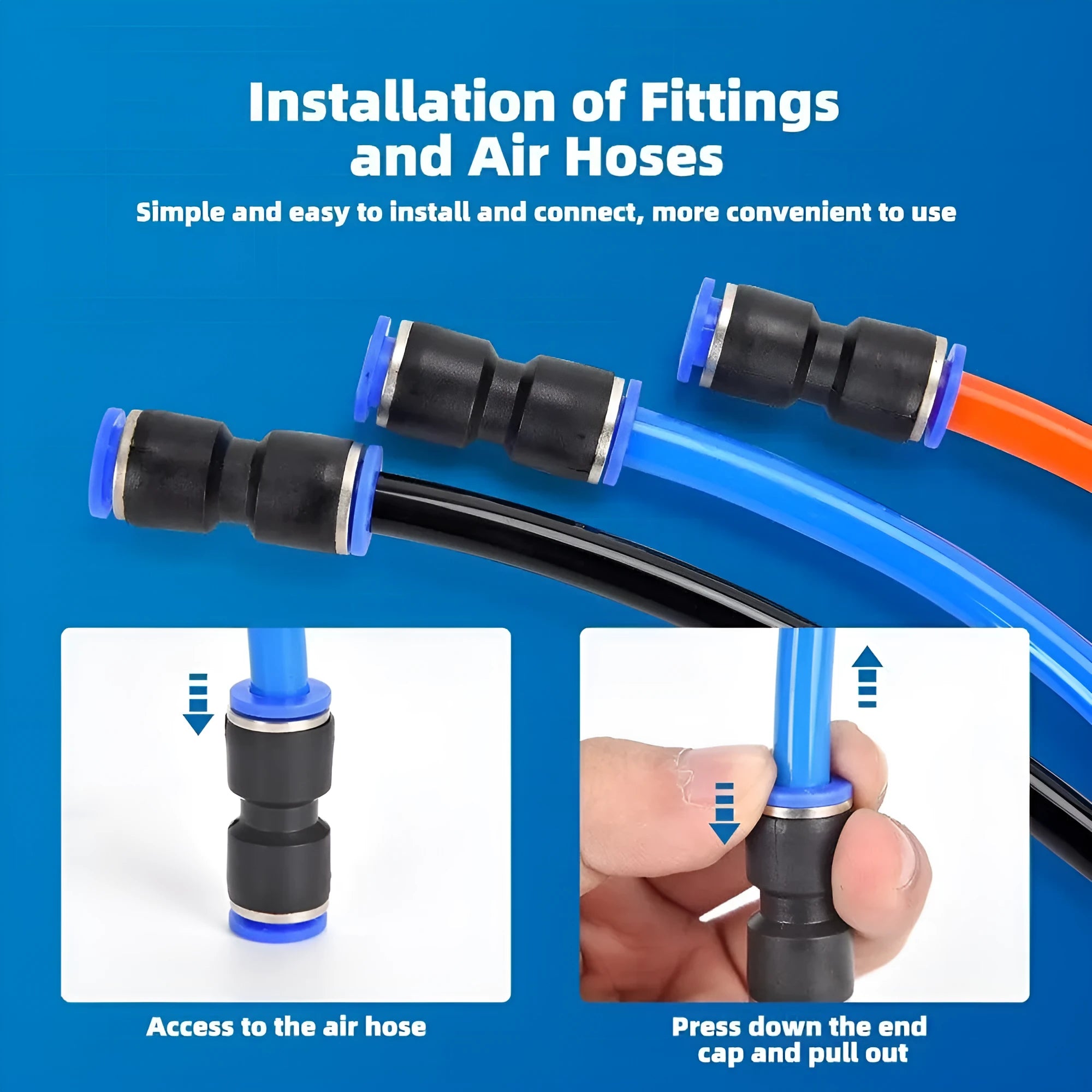 60-piece pneumatic quick connector set showing push-in fittings with R1/4 and R1/2 inch threads