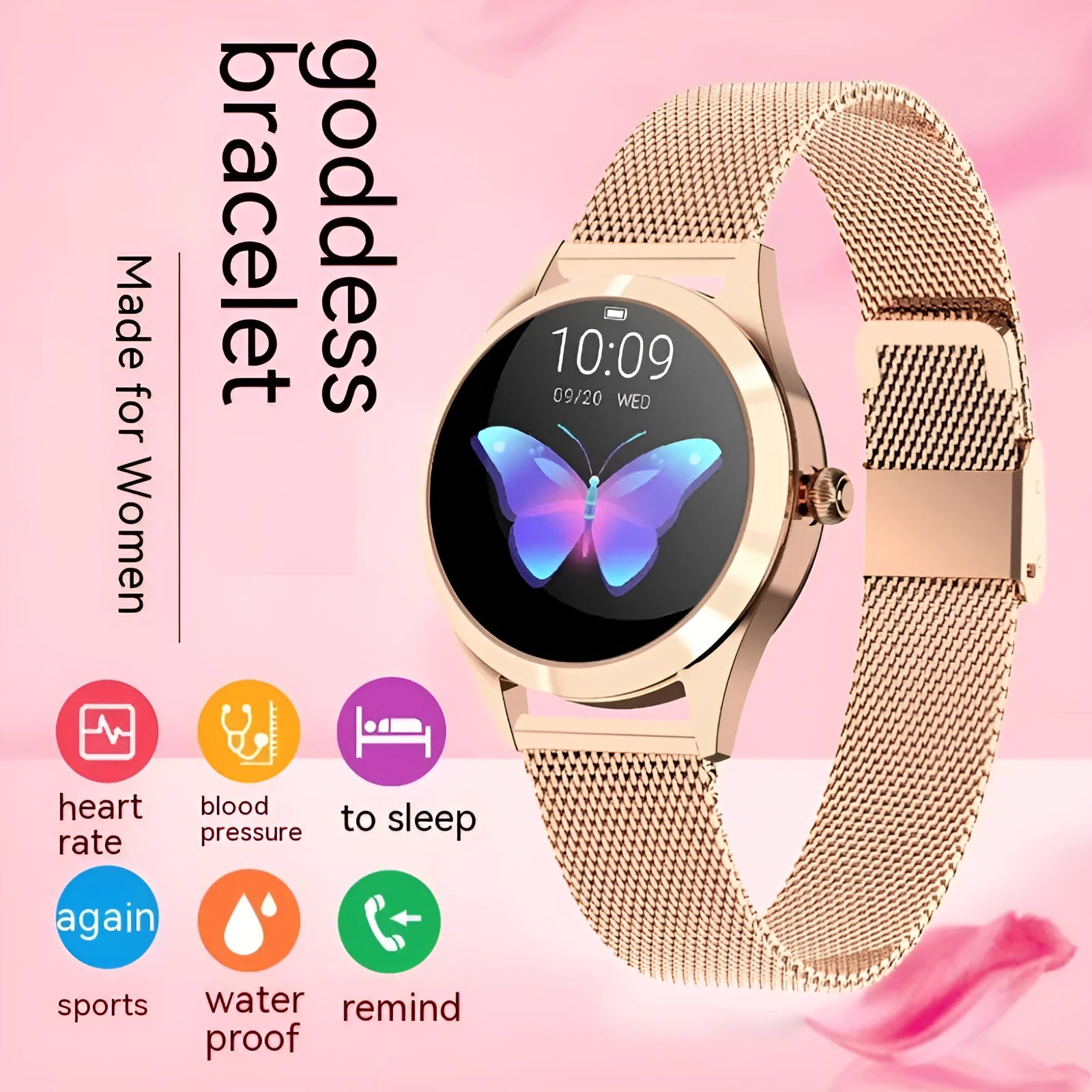 Women's sports smartwatch with heart rate monitoring display showing black, rose gold, silver, and white colour options
