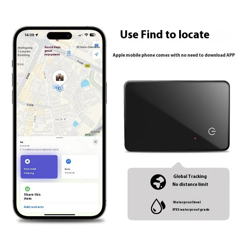 Black wireless charging pet tracker card measuring 85mm by 54mm with NFC feature and hanging hole