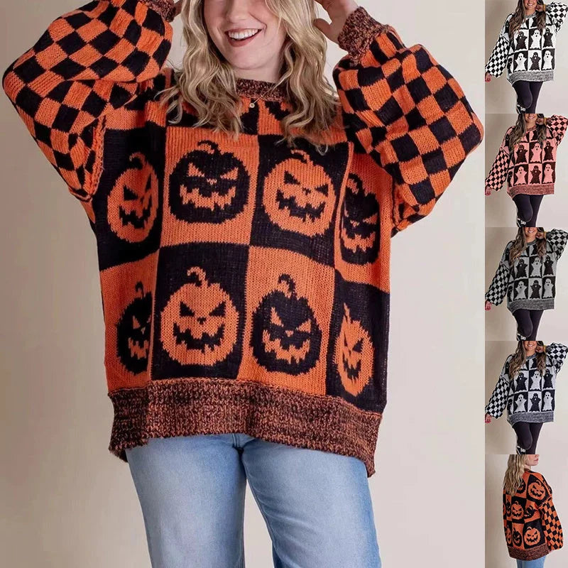Halloween-themed pumpkin ghost knitted sweater for women in various colours