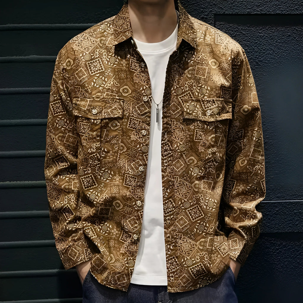 Men's casual denim print shirt in navy blue with long sleeves and lapel collar in polyester fabric