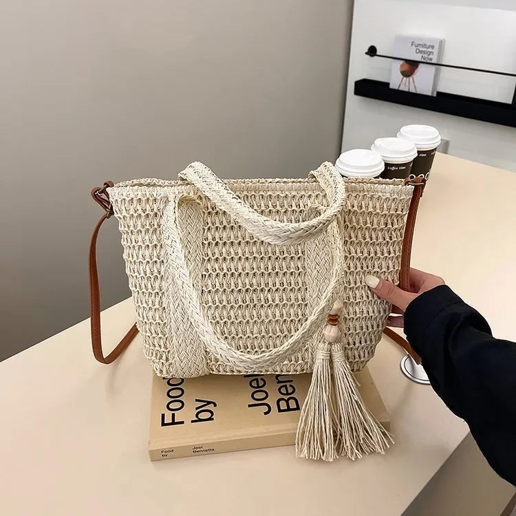 Women's straw woven crossbody shoulder bag in milky white or khaki with large capacity