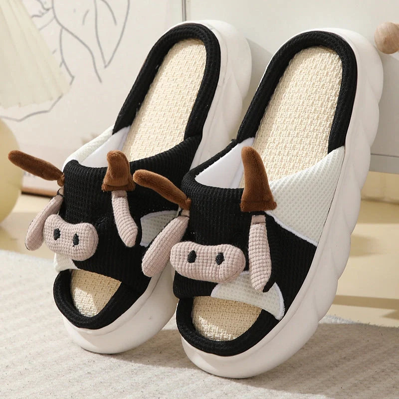 Cartoon cow frog design linen slippers with non-slip PVC sole
