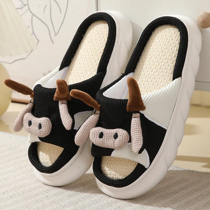 Cartoon cow frog design linen slippers with non-slip PVC sole