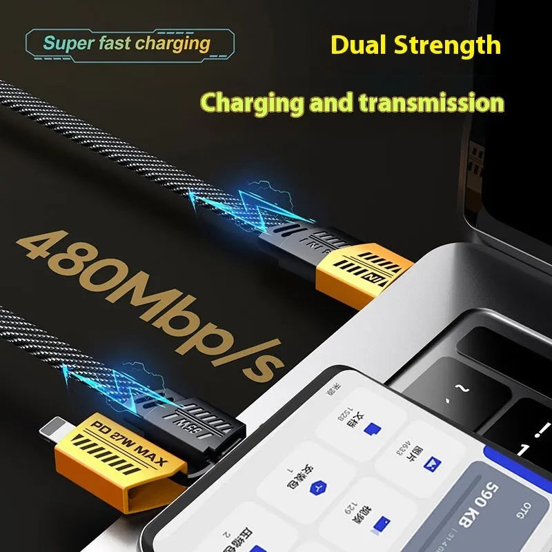 Four-in-one fast charge data cable with zinc alloy shell, braided black exterior, Lightning and Type-C connectors, 1-2m length