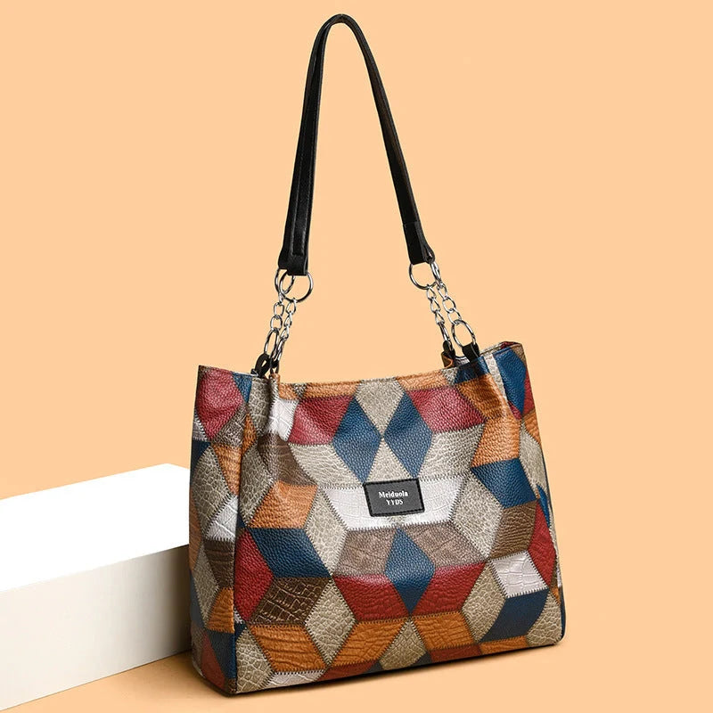 Retro geometric pattern shoulder bag for women in black and yellow