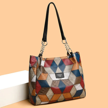 Retro geometric pattern shoulder bag for women in black and yellow