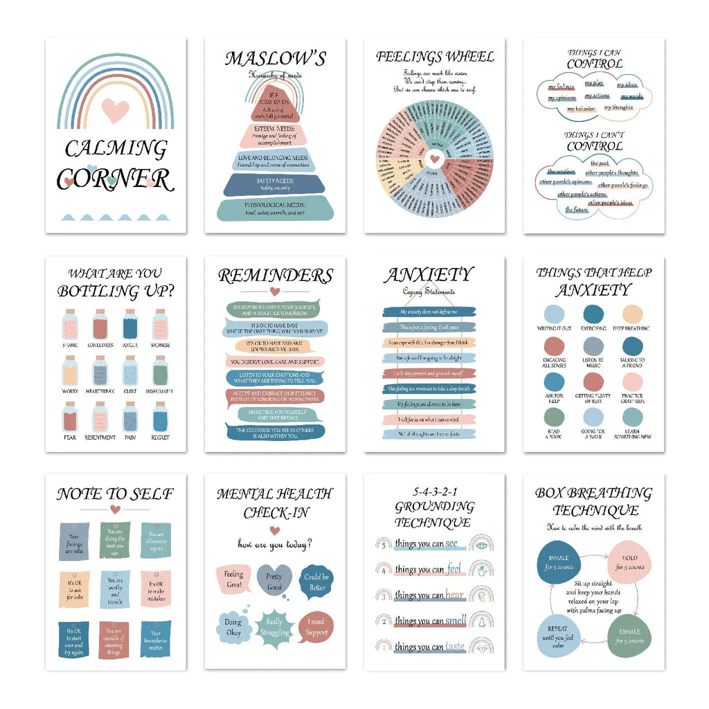 12 mental health posters on glossy coated paper each 255 x 355mm with bright film finish for office or consulting room display