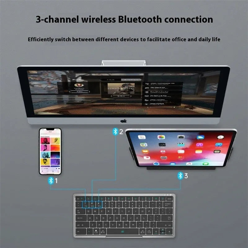 Black and grey wireless Bluetooth keyboard with touchpad next to its leather sheath stand.