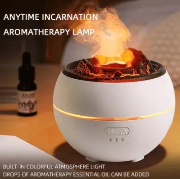 White round flame aroma diffuser and humidifier with water tank on a wooden desk