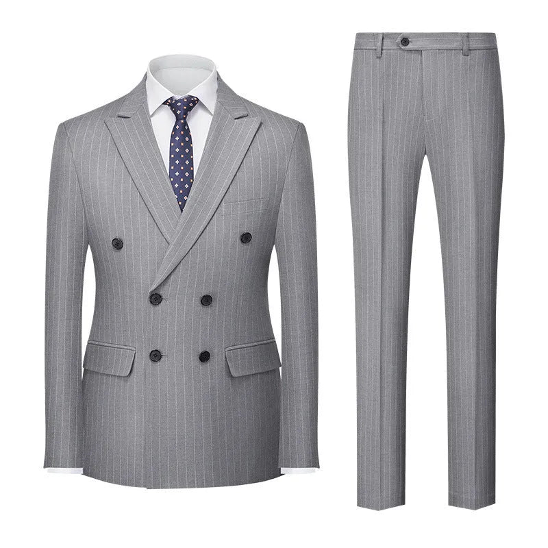 Men's slim fit striped double-breasted suit jacket and trousers on a hanger