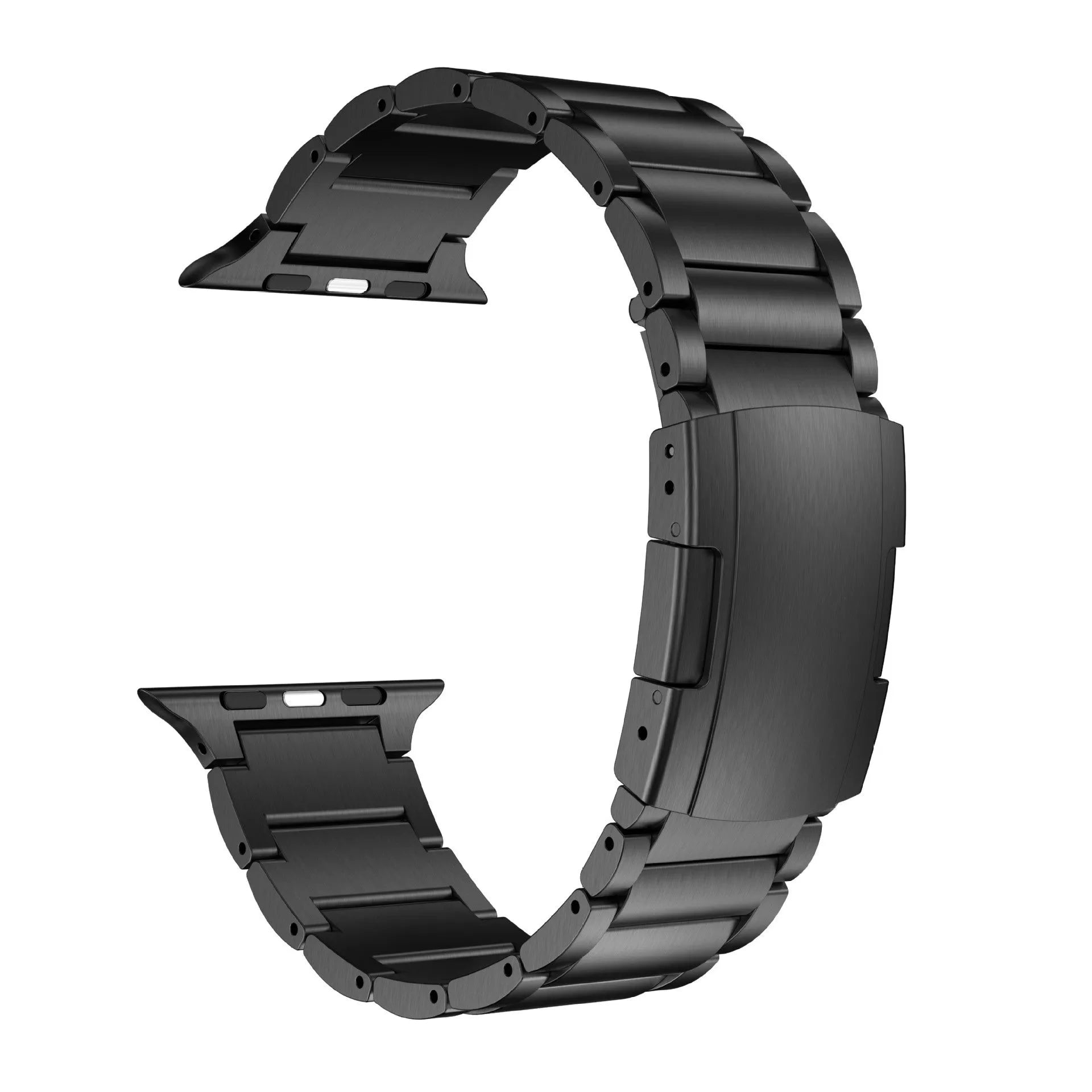 Titanium alloy Apple Watch strap with folding buckle in black and silver colours