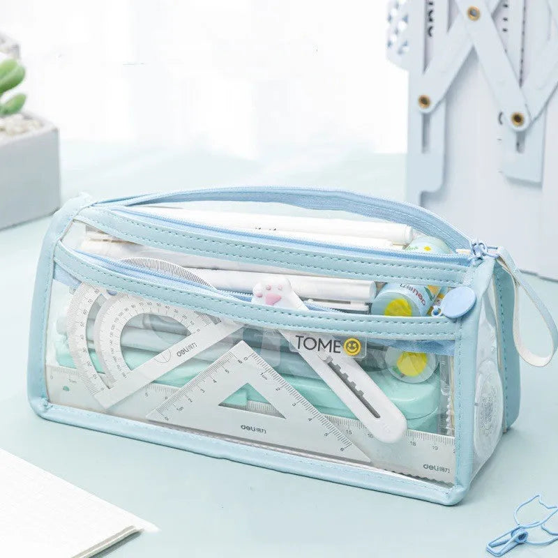 Transparent double-layer pencil case showing two compartments, available in multiple colours