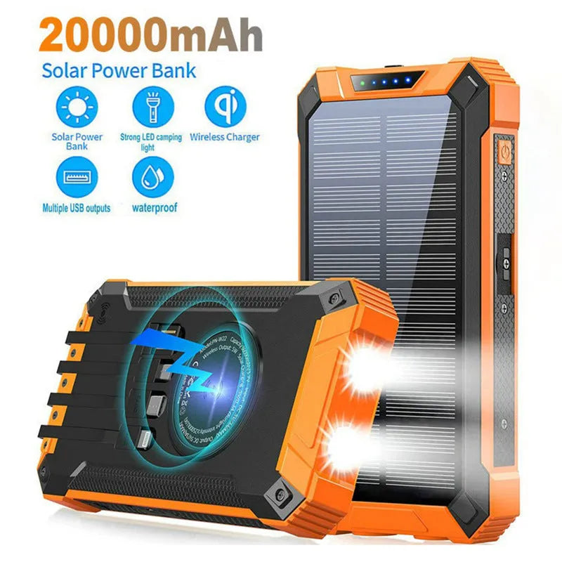 Portable solar power bank with wireless charging, plastic shell, 173x89x28mm, in orange black colour option.