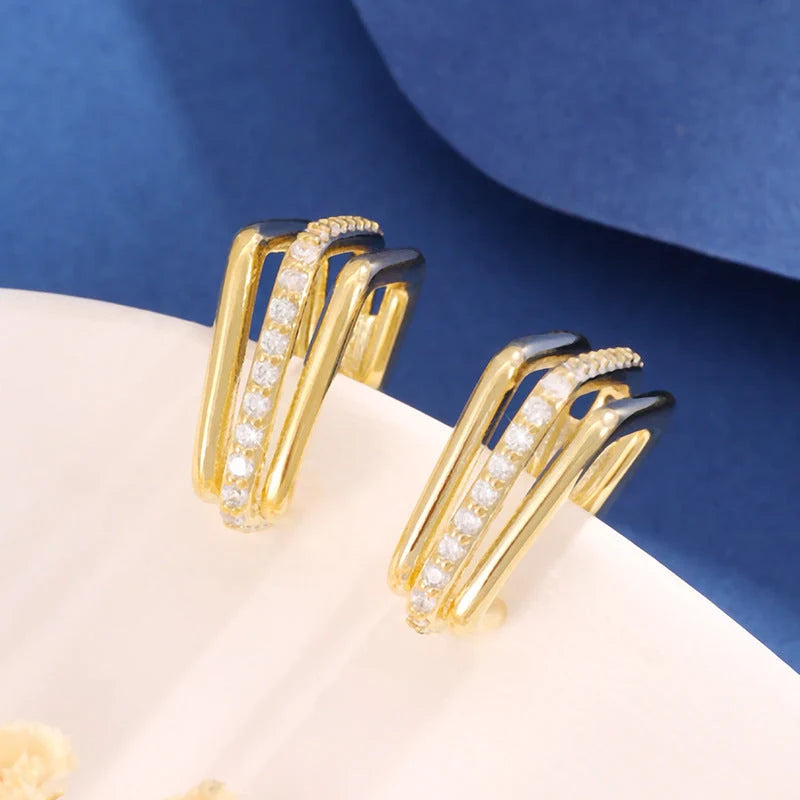 Gold electroplated three-layer square stud earrings with unique geometric design