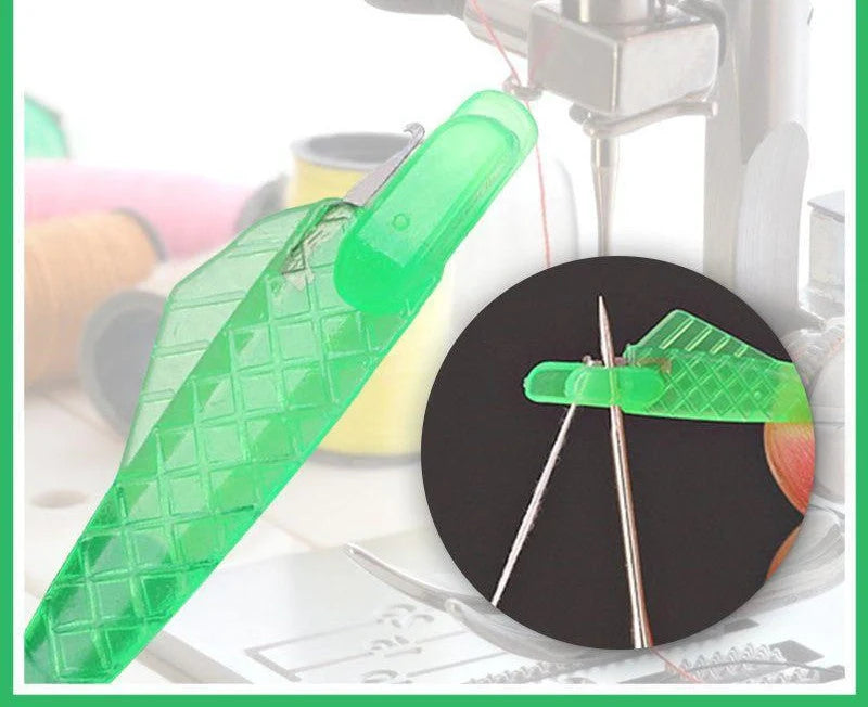 Small fish design needle threader for sewing machines in green, metal and plastic construction