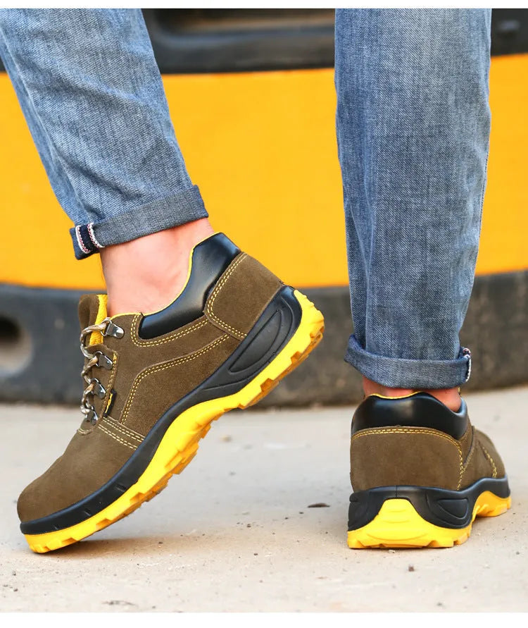 Bronze coloured cowhide steel toe safety shoes with anti-skid sole pattern
