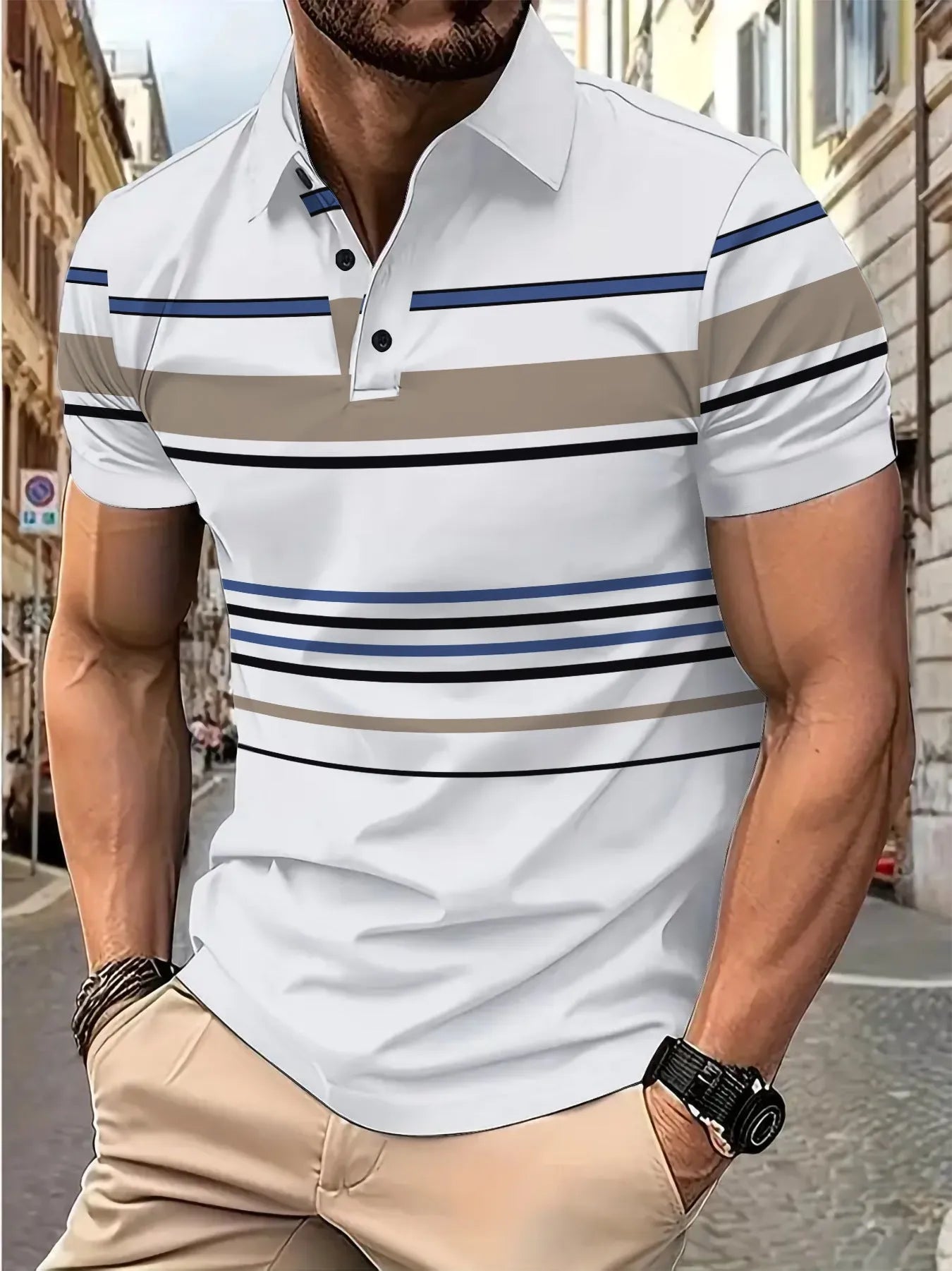 Men's white striped short sleeve t-shirt with slim fit for summer business casual wear