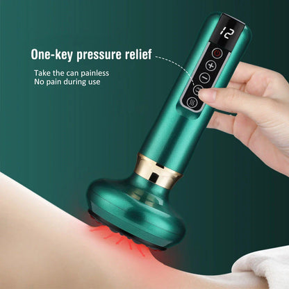 A versatile electric vacuum cupping massager with 12 suction levels, infrared heating, and portable wireless design for holistic self-care at home.