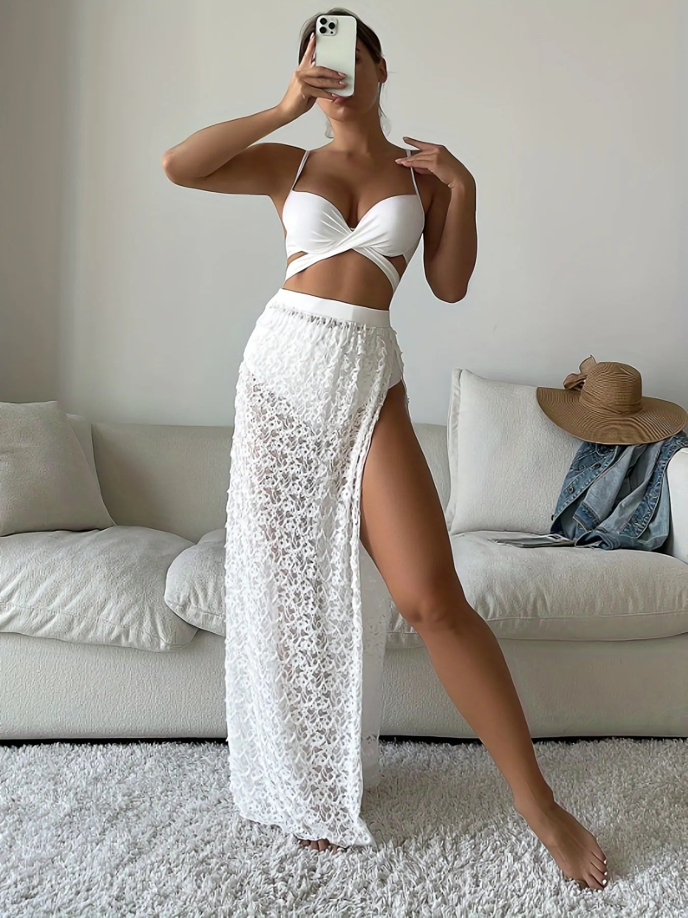 White three-piece swimsuit set with gathered long skirt, top, and briefs for swimming sports