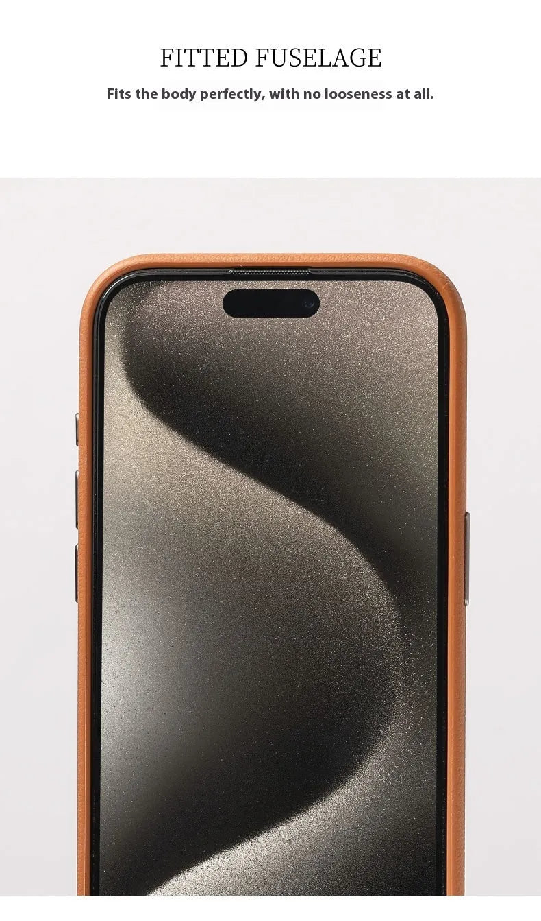 Black genuine leather Magsafe magnetic protective case for iPhone with alloy metal camera lens surround.