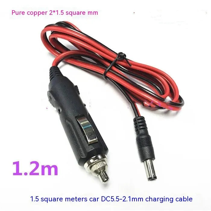 Black 12V car cigarette lighter charging cable with DC5.5 plug showing 1.2 metre length